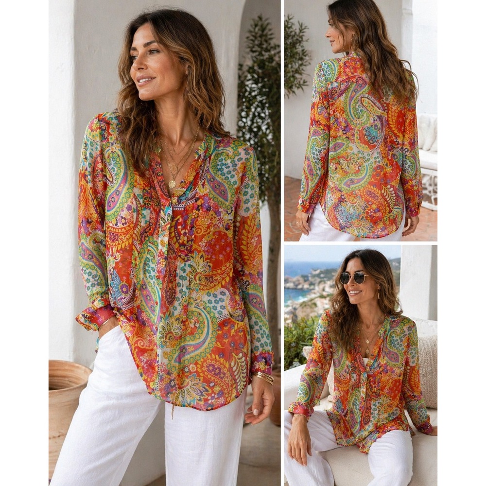 Boho Paisley Sheer Blouse Colorful Festival Hippie Chic Top M